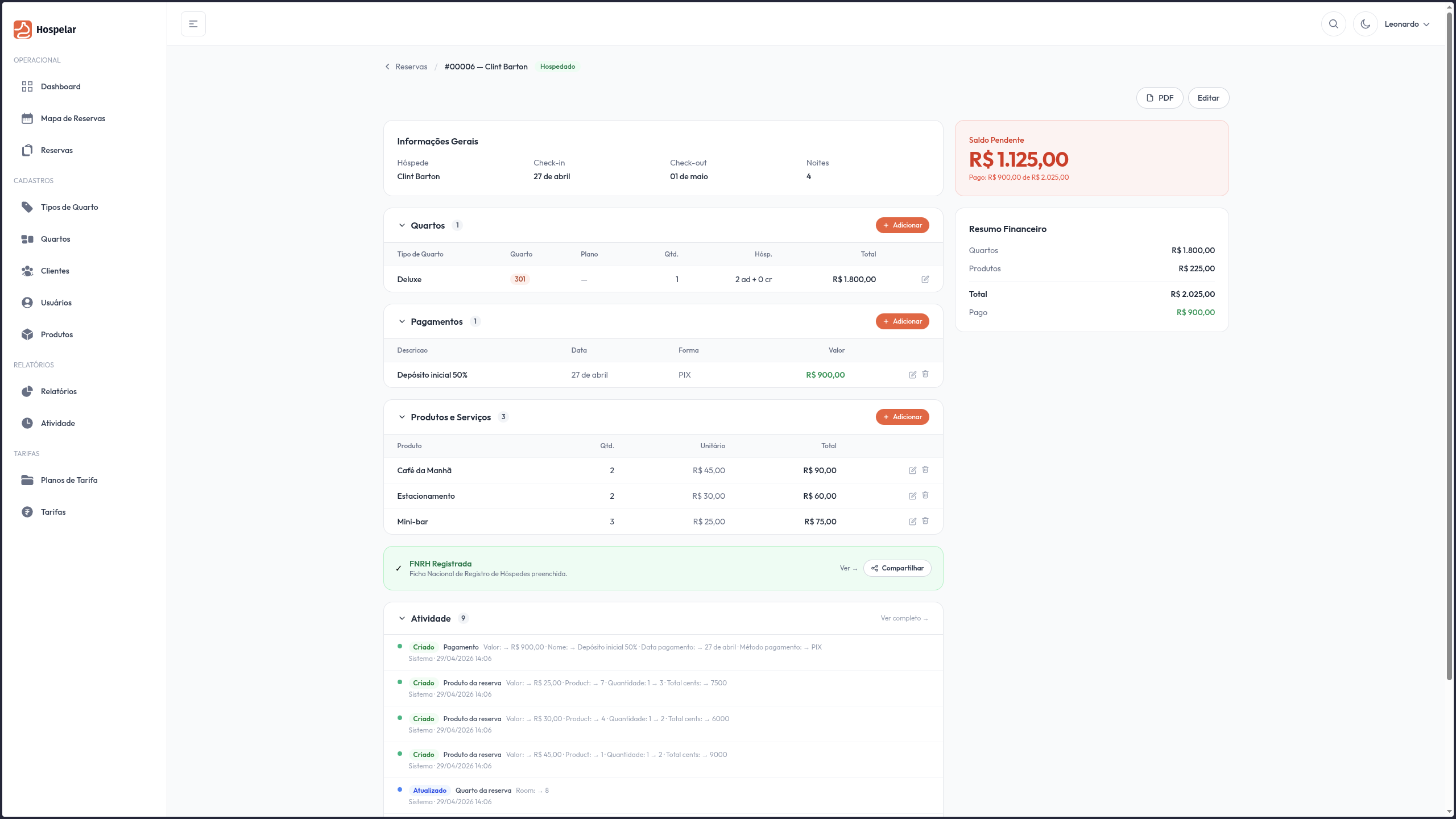 Detalhes de reserva e hóspede no Hospelar